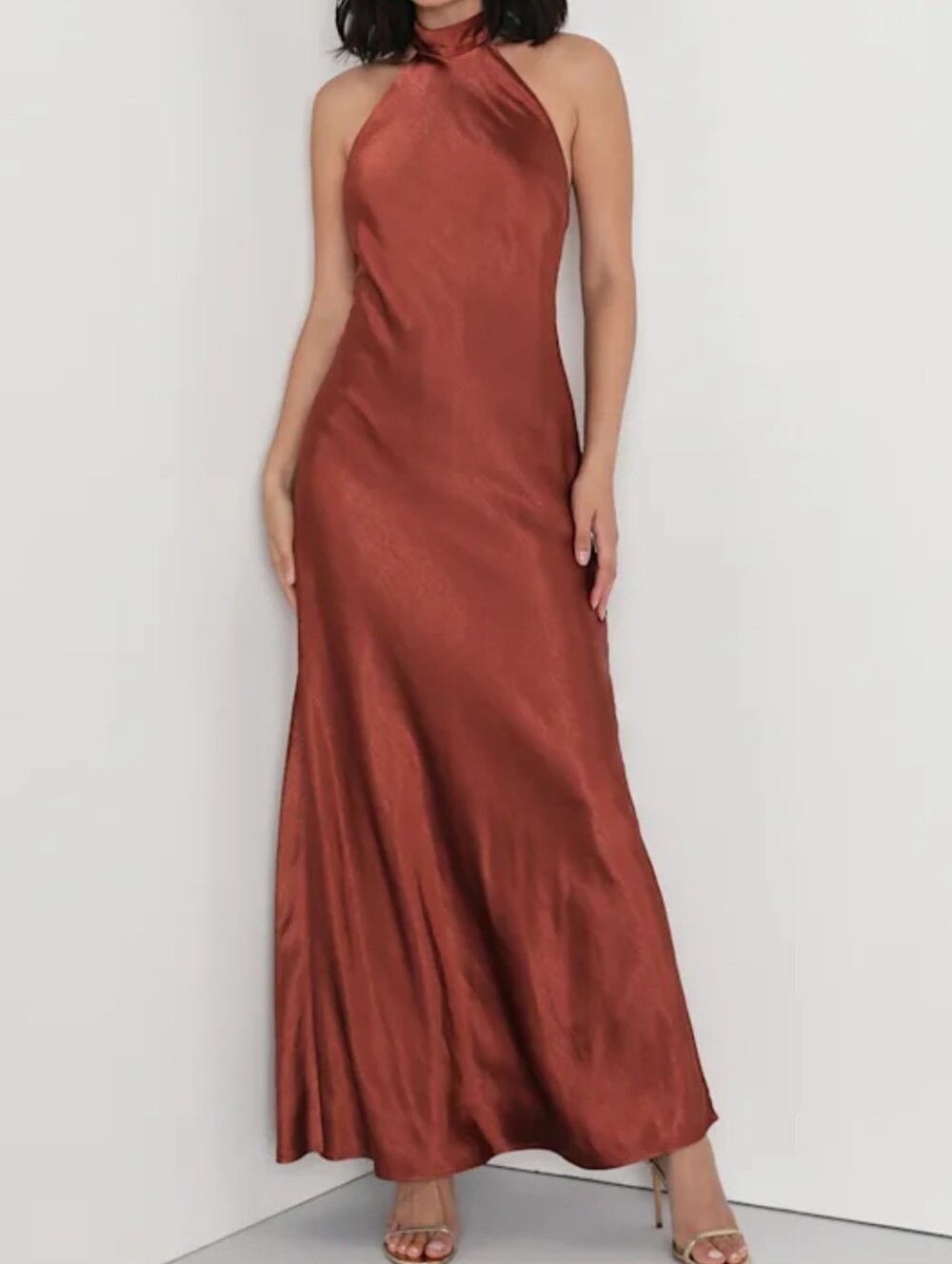 Lulus Love in Your Life Rust Brown Backless Satin Halter Maxi Dress- XL -NWT - Picture 6 of 12